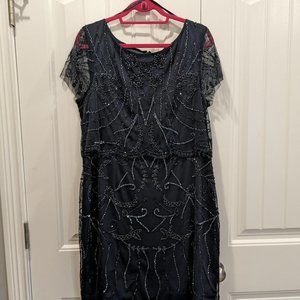 ADRIANNA PAPELL Short Sleeve Beaded Cocktail Dress with Popover-MIDNIGHT/Size 18